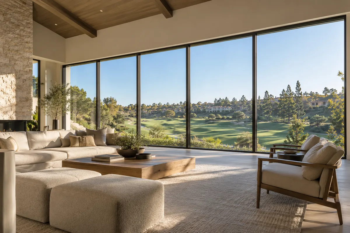 Great room with a wall of floor-to-ceiling dark-framed glass panels facing a golf course, with a beamed ceiling and cream sofas