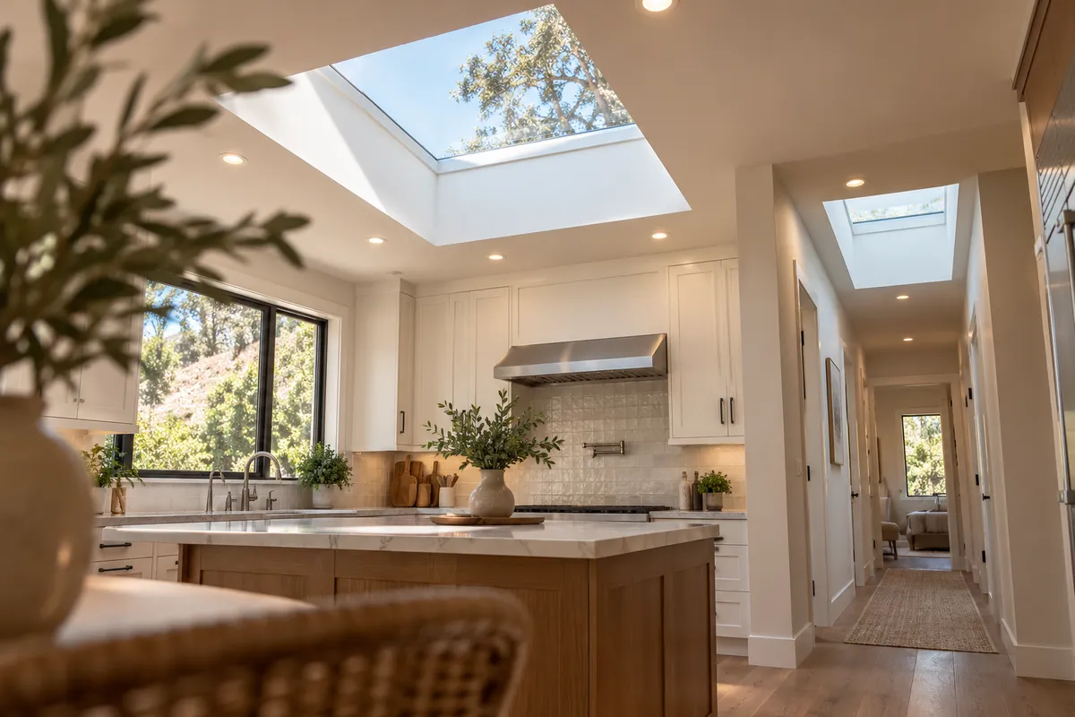 Kitchen with a large skylight above the island and a second skylight in the hallway beyond
