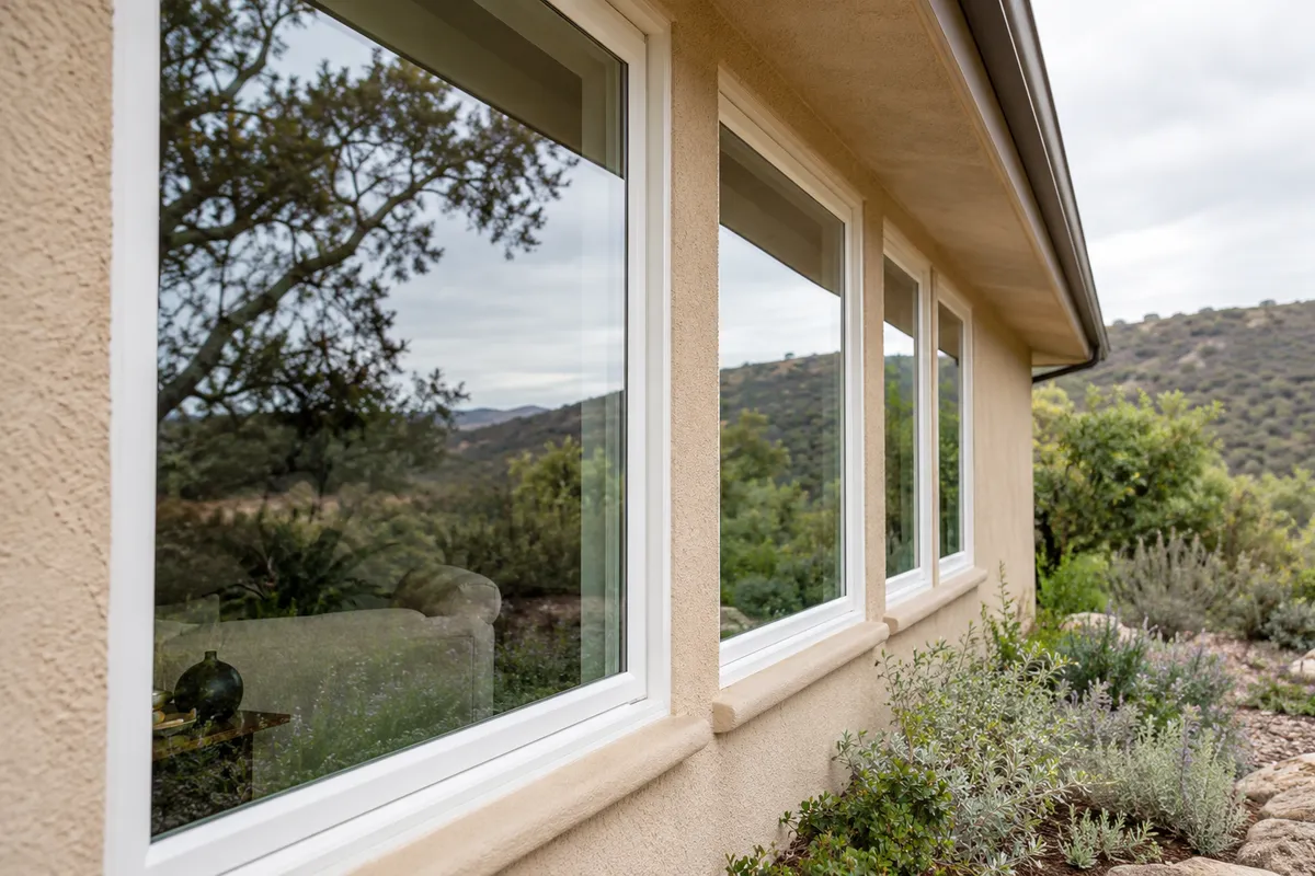 Close view of white-framed windows in a tan stucco wall overlooking a chaparral hillside