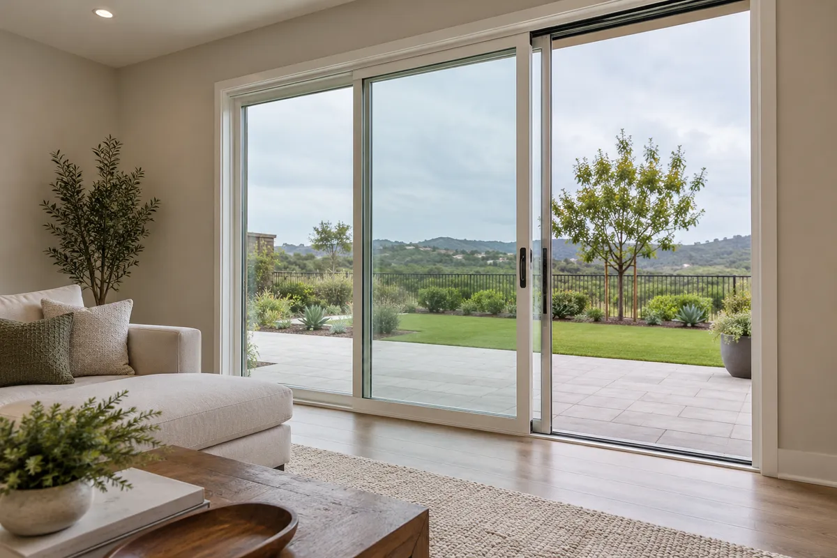 Living room with a white two-panel sliding patio door opening onto a lawn and terrace with hills beyond
