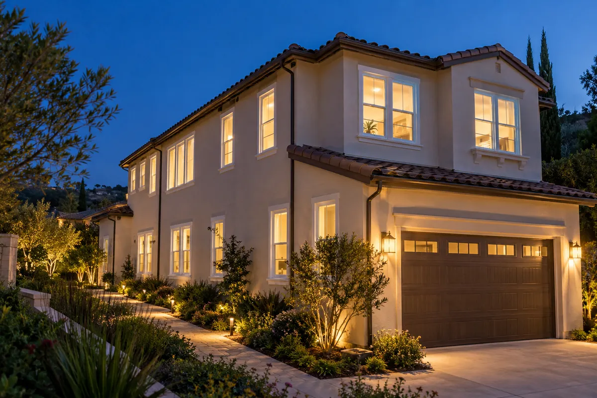 Two-story stucco home with a tile roof and white windows lit warmly at dusk beside a paved walkway