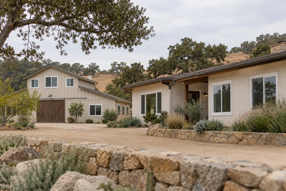 Ranch house and barn-style building with white sliding windows on a dirt drive among oaks and dry hills