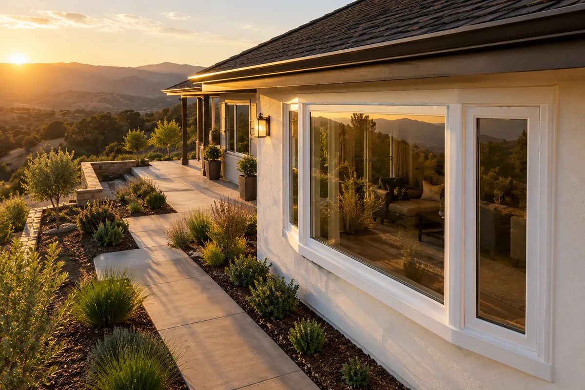 White stucco home at sunset with a white-framed bay window reflecting a living room and a hillside view