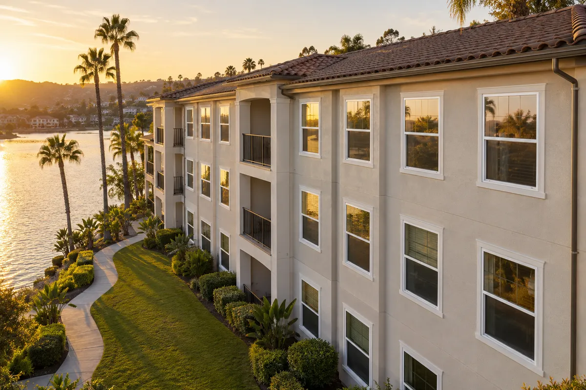 Three-story lakeside apartment building with white single-hung windows, balconies and palm trees beside a lake at sunset