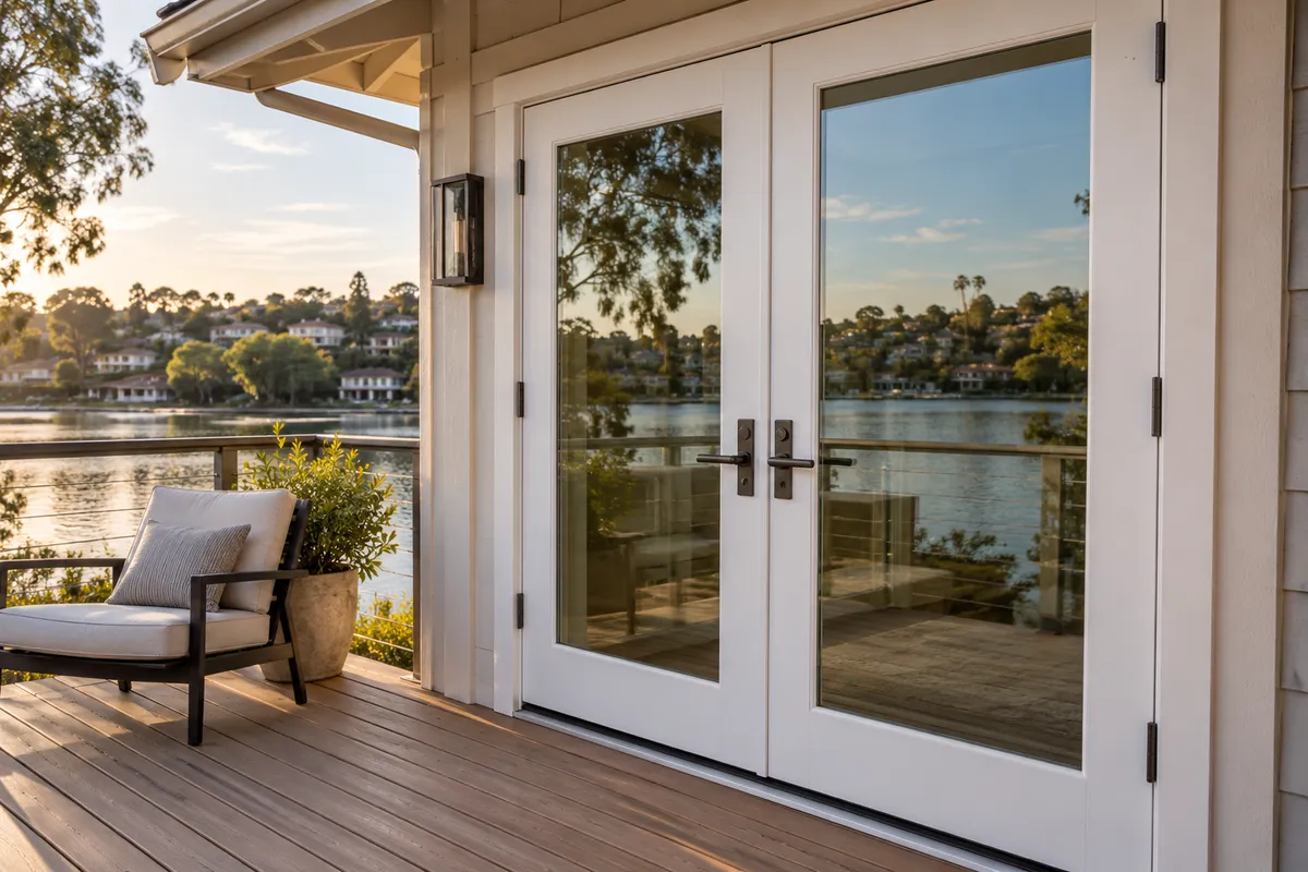 Pair of white French doors with full glass panes opening onto a wooden deck with a chair and a lake view