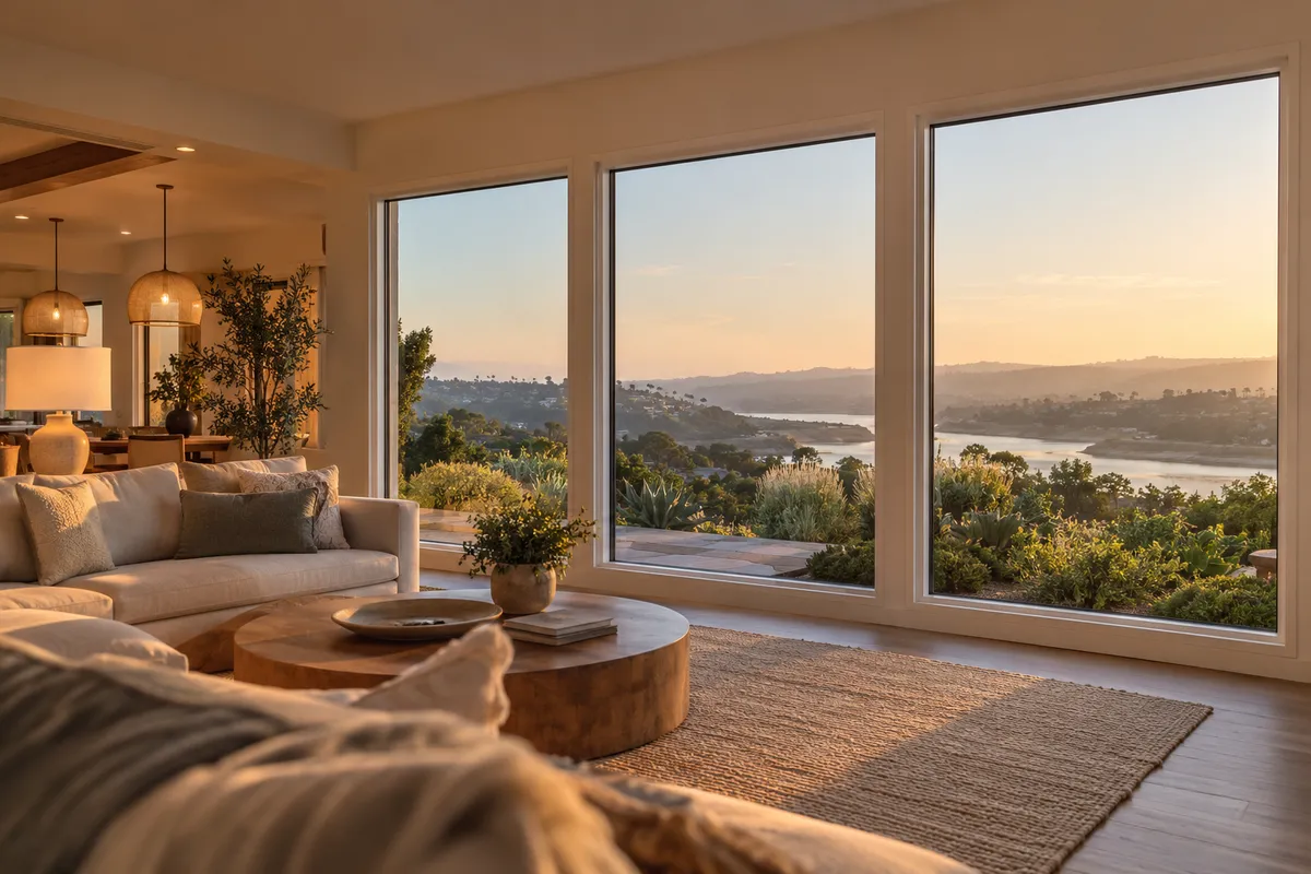 Living room with three large fixed picture windows looking out over a lagoon and hills at sunset