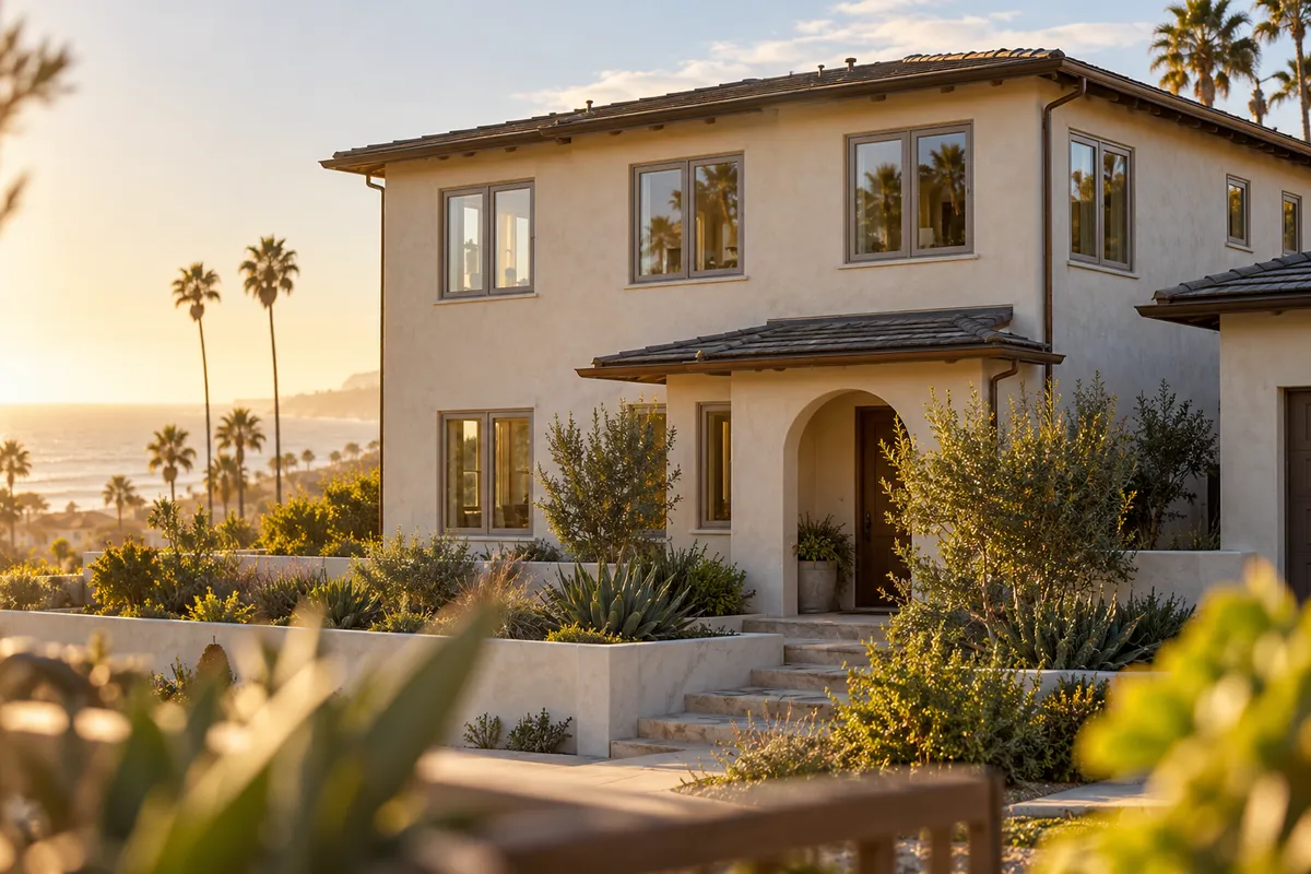 Two-story cream stucco coastal home with grey-framed casement windows and ocean in the background at golden hour