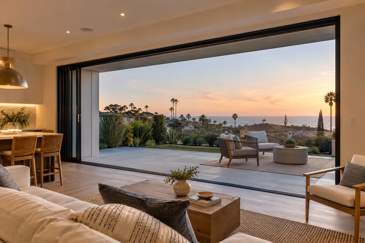 Living room with a wide multi-slide glass door wall opened to a patio with chairs and an ocean view at dusk