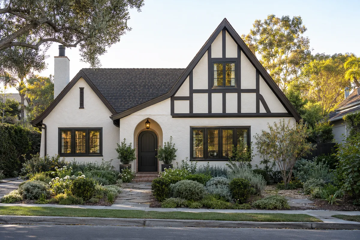 Tudor Revival cottage with white stucco, dark timber trim, an arched front door and dark-framed divided-lite windows