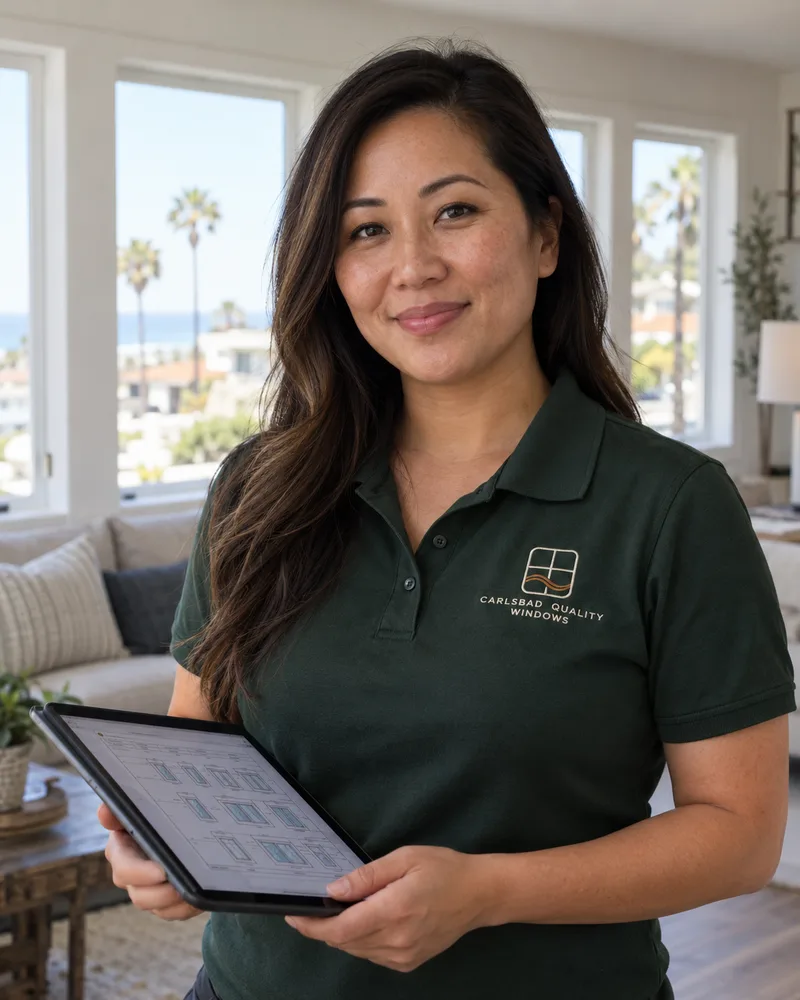 Woman with long dark hair holding a tablet showing a window schedule in a bright living room with ocean-view windows, in a deep green company polo